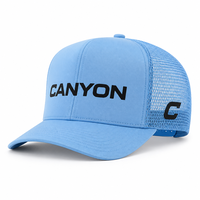Topi Trucker Promosi Grosir Satu Ukuran, Berbahan Mesh Biru Es, Jahitan Tengah Terstruktur, Logo Heat Transfer
