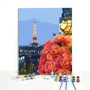 장미 에펠 탑 풍경 손으로 그린 컬러 그림 DIY 아크릴 페인트 초보자를위한 캔버스에 숫자 키트로