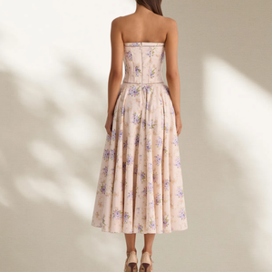 Women's Vintage Purple Floral Corset Midi Dress <b>Spaghetti</b> <b>Strap</b> & Strapless 2-Way Fit-and-Flare Sundress Maxi Floral Dress - Product Image 2