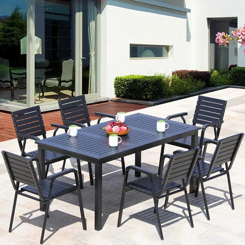 Moderne Außen terrasse Garten Set Innenhof Balkon Tisch Stuhl Sets Aluminium rahmen Kunststoff Holz Kaffee Esstisch Set