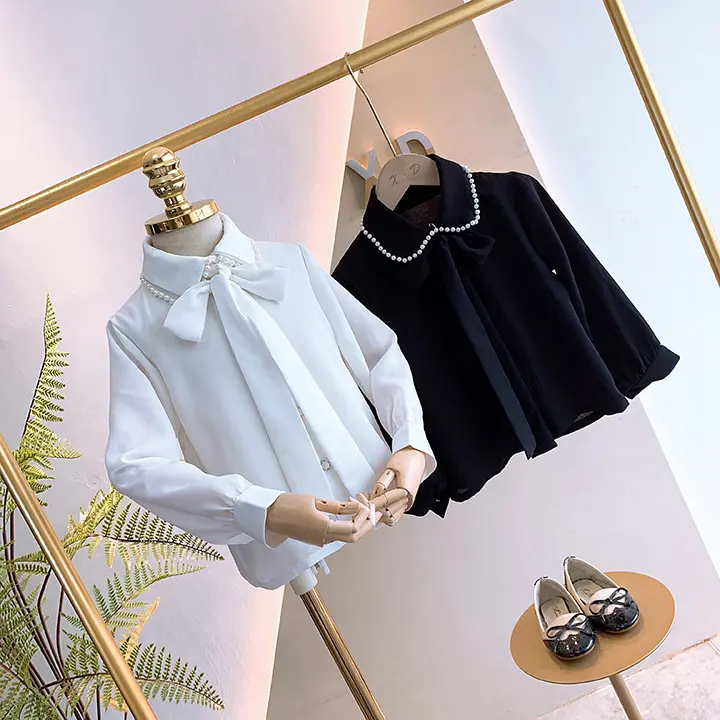 Latest Anti-Shrink Long Sleeve Shirts Anti-Pilling Pearls Design Spandex Beaded Bow Tie Shirt Little Girls Shirt