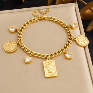 European American Gold Plated Geometric Charm Bracelet With Portrait Pendant And Diamond Heart Accents Gift Jewelry - Product Image 1