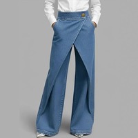 Jeans de Mezclilla de Algodón con Corte Asimétrico y Pierna Ancha para Mujer, Estilo Francés Chic, Cintura Alta, Efecto Adelgazante, Pantalones Holgados, Novedad 2026