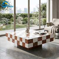 Table basse en marbre rouge sur mesure, motif damier, carrée, de luxe, en pierre, pour salon, avec socle