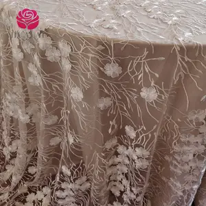 Taplak meja krem sampanye elegan kain linen kustom 120in bulat bahan renda taplak meja untuk pernikahan