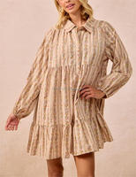 Robe chemise vintage à rayures et imprimé floral pour femme, col à revers, manches longues, à volants, poches latérales, coupe ample, décontractée, mini, grande taille, tunique