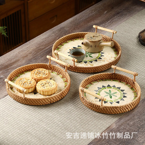 Plateau à thé rond en osier avec motif végétal, plateau de rangement décoratif pour servir et présenter - Product Image 2