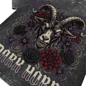 Camiseta de algodón transpirable negra con lavado ácido para hombre, estampado personalizado de cabra gótica, cuello redondo, manga corta, ajuste regular informal - Product Image 5