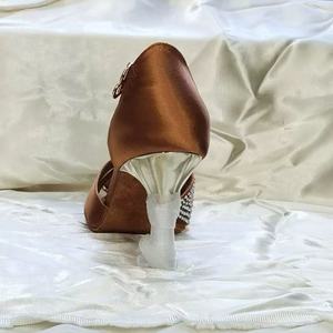 Brown Rhinestons Salsa Latin Dance Shoes Mid Heel <strong>Samba</strong> Tango Jazz Wedding Dancing Sandals Shoes for Women - Product Image 6