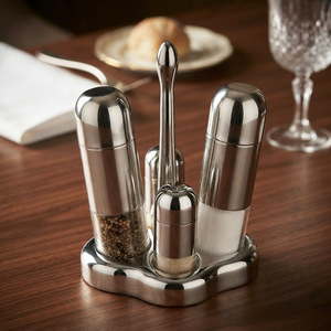Juego de recipientes para condimentos de acero inoxidable, forma cilíndrica con tapa con orificio, transparente, para condimentos sólidos, botellas de almacenamiento para cocina - Product Image 1