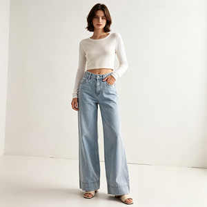 <span class=keywords><strong>Jeans</strong></span> a <span class=keywords><strong>Vita</strong></span> Alta e Gamba Larga per <span class=keywords><strong>Donna</strong></span>, Pantaloni <span class=keywords><strong>in</strong></span> Denim Elasticizzati Stile Boho, Produzione all'Ingrosso - Product Image 1