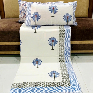Block Printing Cotton bedding palm tree <b>sheets</b> White Ethnic Style With Blue Chevron Border Eco-Friendly Custom Logo 100% Cotton - Product Image 1