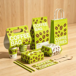 Ensemble d'emballages alimentaires biodégradables écologiques personnalisés, sacs en papier kraft et boîtes à salade pour la <span class=keywords><strong>livraison</strong></span> de repas verts dans les restaurants - Product Image 1