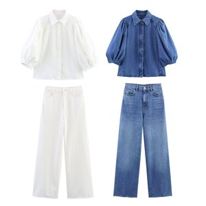 Nuovi <span class=keywords><strong>pantaloni</strong></span> dritti <span class=keywords><strong>a</strong></span> <span class=keywords><strong>vita</strong></span> <span class=keywords><strong>alta</strong></span> da donna Casual da 2025 estate in Denim Casual con maniche <span class=keywords><strong>a</strong></span> bolle e risvolto Cross-Border - Product Image 2