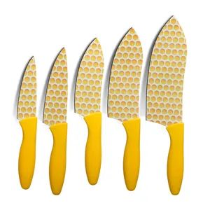 צבעוני 5 חלקים ציפוי נון-סטיק להב נירוסטה ידית PP סט סכיני מטבח סכיני פירות