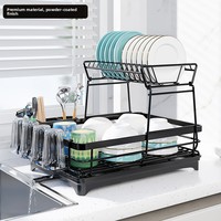 Égouttoir à vaisselle de cuisine noir double couche en métal, type colonne, démontable et non pliable, avec bac de drainage