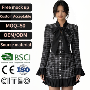 Vestido Mini de Tweed Negro para Mujer, Manga Larga, Cuello con Lazo, Botones de Perla en la Parte Delantera, Dobladillo Plisado, Elegante para Oficina o Fiesta - Product Image 1