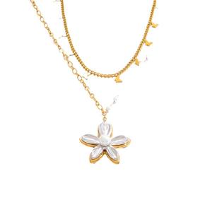 Collar de Perlas de Acero Inoxidable con Colgante de Flor en Oro de 18K, Cadena para Clavícula, Uso Diario - Product Image 4