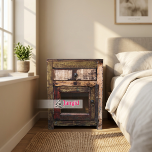 Mesita de Noche Rústica de Madera Reciclada con 1 Cajón y Puerta de Vidrio, Mueble de Dormitorio Hecho a Mano, Gabinete de Almacenamiento Estilo Antiguo - Product Image 3