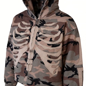 Felpa con cappuccio oversize da uomo mimetica con zip e stampa scheletro, effetto distressed, grafica a costole, streetwear, all'ingrosso - Product Image 3
