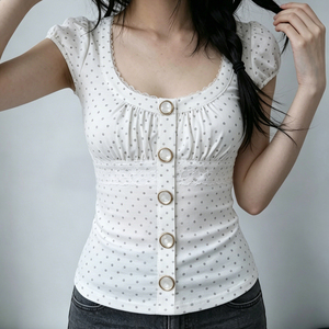 T-shirt blanc à manches bouffantes pour femme, imprimé à pois mignon, tricoté pour l'été, écologique, classique, avec col en U et dentelle boutonnée - Product Image 3