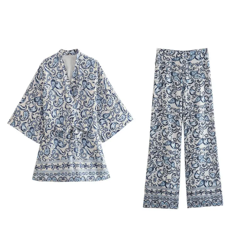 2023 Paisley impreso moda Casual vestidos Kimonos Señoras y pantalones casuales 2 piezas vestido conjunto mujeres