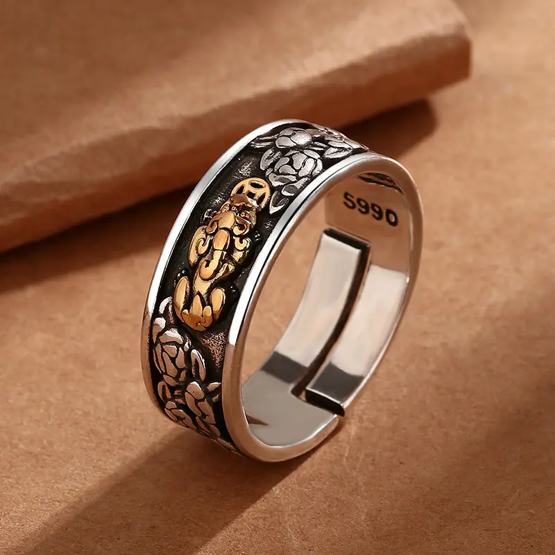ปี่เซี้ยแหวนเงินปี่เซี้ยแบบย้อนยุค,เครื่องประดับเสริมฮวงจุ้ยแหวนมั่งคั่งแหวนปรับเปิดได้สำหรับผู้ชายและผู้หญิง