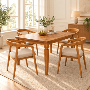 Ensemble de table à manger en bois de style moderne du milieu du siècle avec chaises rembourrées, assise en tissu, pieds en bois pour la salle à manger à domicile - Product Image 1