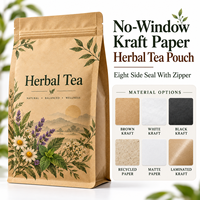Sachet personnalisé en papier kraft sans fenêtre pour tisanes, scellé sur huit côtés avec fermeture éclair, pour la vente au détail et en gros