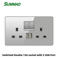 Panneau en verre trempé de haute qualité gris luxe double prises murales britanniques interrupteurs prise USB électrique nouveau design