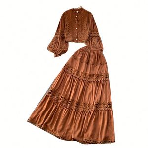 Winter Casual 2-Piece Set Women Lantern Sleeve Crop <b>Top</b> High Waist Patchwork Lace Woven Breathable Anti-wrinkle Skirts Wholesale - Product Image 5