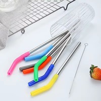 1Pcs Pailles en acier inoxydable réutilisables Pailles droites courbées avec embouts en silicone pour boissons chaudes et froides Outil de bar