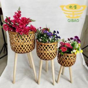 <span class=keywords><strong>Maceta</strong></span> <span class=keywords><strong>tejida</strong></span> a mano de ratán PE con pata de madera independiente, cesta de flores al aire libre, venta al por mayor - Product Image 5