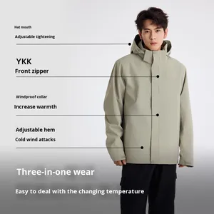 Blouson 3 en 1 unisexe, doublure en duvet d'hiver, coupe-vent, imperméable, fermeture éclair, streetwear, vêtements de travail, capuche, motif cœur - Product Image 2