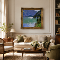 Pintura al Óleo de Paisaje de Lago Alpino, Arte de Pared en Lienzo Enmarcado en Oro Vintage, Hecho a Mano, Tamaño Personalizado para Hotel, Villa, Sala de Estar, Dormitorio