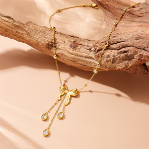 Bowknot Teardrop Tassel Pendant Necklace Gold Rhinestone Chain Jewelry Gift - Product Image 2