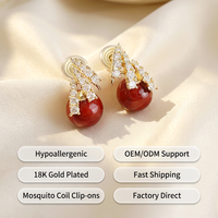 Boucles d'oreilles à clip tendance pour femmes, plaquées or 18 carats, non percées, Pendientes Sin Agujero, hypoallergéniques, perles rouges, bijoux CZ