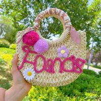 Tas Anyaman Jerami BEAUTY DREAM dengan Pola Bunga Pom-Pom DIY untuk Liburan Musim Panas - Model Wanita XL-630