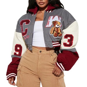 Herbst-Winter Damen Vielseitige Varsity-Jacke Kurz mit Kapuze Stehkragen Shearling-Knopfleiste Winddicht Amerikanischer Streetstyle <span class=keywords><strong>Patchwork</strong></span> - Product Image 5