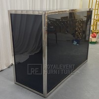 Comptoir de bar moderne en acier inoxydable poli noir avec panneau miroir et étagère en verre trempé pour mariage, hôtel, événement