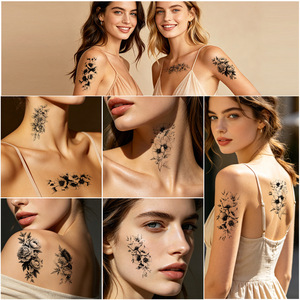 Autocollants de <span class=keywords><strong>tatouage</strong></span> temporaire motif rose grande fleur noire et blanche, style minimaliste vintage européen - Product Image 5