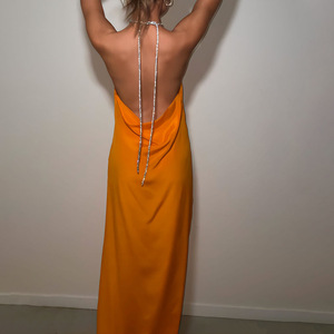 <b>Satin</b> <b>Halter</b> Neck Long Dress Backless Slit Evening Wear Natural Waistline - Product Image 4