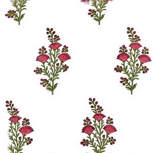Tela de algodón puro de primera calidad con estampado a mano, presenta elegantes motivos florales rosas con hojas verdes sobre un fondo blanco limpio. - Product Image 1