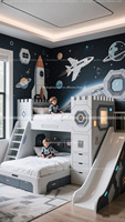 Fabricant de meubles conçus par l'IA, lits mezzanine sur le thème de la fusée et de l'espace, design personnalisé pour les chambres d'enfants.