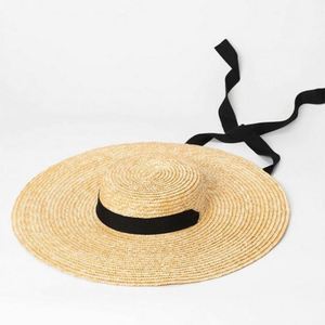 Oversized Brim <b>Straw</b> <b>Hat</b> Windproof Tethered Sun <b>Hat</b> Elegant Street Photography Flat Cap - Product Image 2
