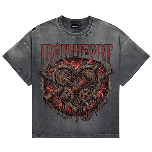 T-shirts pour hommes de haute qualité, vintage, coupe carrée et courte, effet délavé soleil, avec impression graphique Iron Heart, respirants, en coton, impression DTG, effet vieilli - Product Image 1