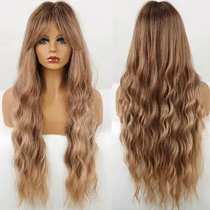 Wig jahe cokelat ukuran khusus dengan poni lurus Ombre coklat dengan Wig sintetis sorot untuk wanita penggunaan sehari-hari Cosplay