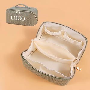 Sac de maquillage portable, s'ouvre à plat, avec sangle pour le voyage, imperméable, anti-poussière, grand sac cosmétique en cuir pour femmes - Product Image 5