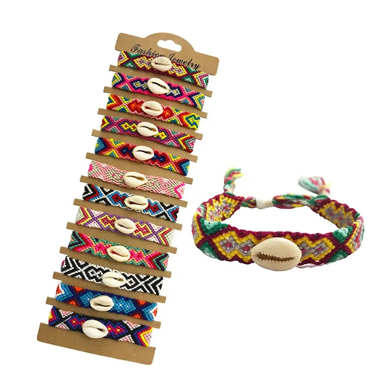 New design bohemian handmade multicolor cotton cord bracelets hand woven thread cowrie shell Boho bracelet