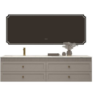 Modern <b>floating</b> bathroom vanity with vessel sink and round mirror wall mounted two drawers - Product Image 4